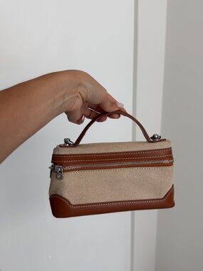 Canvas and Leather Top-Handle Cosmetic Case - Cream & Brown